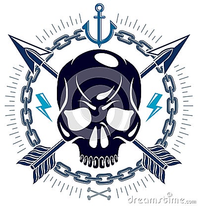 Jolly Roger dead head aggressive skull, Pirates vector emblem or logo with weapons and other design elements, vintage style logo Vector Illustration