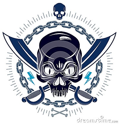 Jolly Roger dead head aggressive skull, Pirates vector emblem or logo with weapons and other design elements, vintage style logo Vector Illustration