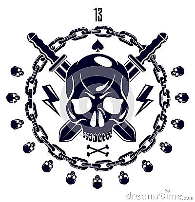 Jolly Roger dead head aggressive skull, Pirates vector emblem or logo with weapons and other design elements, vintage style logo Vector Illustration