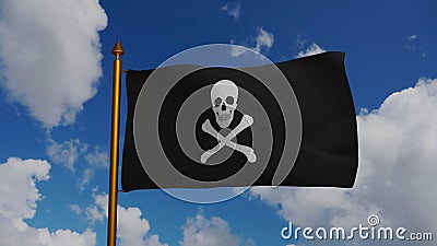 Jolly Roger or pirate ship flag waving 3D Render with flagpole and blue sky, pirate ship flag in Golden Age of Piracy Cartoon Illustration