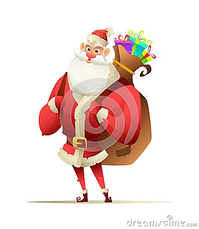 Jolly Santa standing and holding behind his back a large backpack with Christmas gifts Vector Illustration