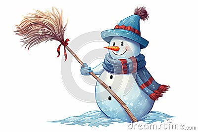 Jolly snowman clip art with a broomstick Stock Photo