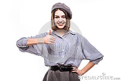 Jolly young French woman expressing approval isolated on white background Stock Photo