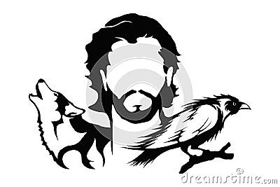 Jon Snow with a wolf and raven illustration. Game of thrones. Vector Illustration