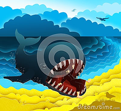 Jonah was in the giant fish three days. Paper art. Abstract, illustration, minimalism. Stock Photo