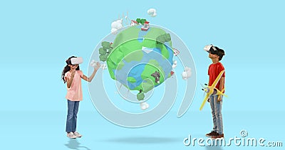 Jongen en meisje die virtuele werkelijkheidshoofdtelefoon met digitaal geproduceerde reispictogrammen 4k met behulp van stock videobeelden Jongen en meisje die virtuele werkelijkheidshoofdtelefoon met digitaal geproduceerde reispictogrammen 4k met behulp van stock videobeelden