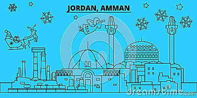 Jordan, Amman winter holidays skyline. Merry Christmas, Happy New Year decorated banner with Santa Claus.Jordan, Amman Vector Illustration