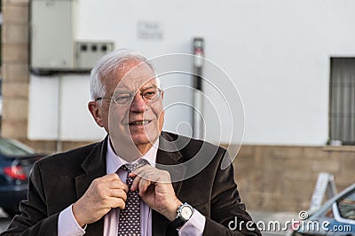 Josep Borrel, candidate for the PSOE in the European elections, on his arrival at the rally in Caceres. Editorial Stock Photo