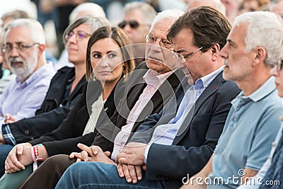 Josep Borrel, candidate for PSOE in the European elections, seated with other local leaders during the rally in Caceres. Editorial Stock Photo