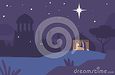Joseph And Mary Cradle Baby Jesus In A Stable at Starry Night Biblical Scene Is Symbolic Of The Birth Of Christ Vector Illustration