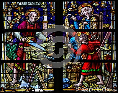 Joseph, Mary and Jesus - Stained Glass in Mechelen Cathedral Stock Photo