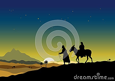 Joseph and Mary travelling to Egypt with child Jesus Vector Illustration