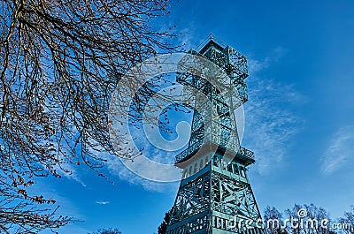 The Joseph`s cross in the southern Harz Mountains, iron double cross in steel truss construction like the Eiffel Tower, with Stock Photo