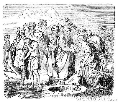 Joseph Sold into Slavery by his brothers. Bible, Genesis, Old testament. Vintage Antique Drawing Editorial Stock Photo