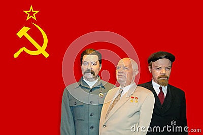 Joseph Vissarionovich Stalin, Leonid Brezhnev and Vladimir Lenin wax figures Editorial Stock Photo