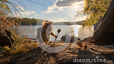Charming Mouse With Backpack And Stick On Cliff By Small Lake Stock Photo