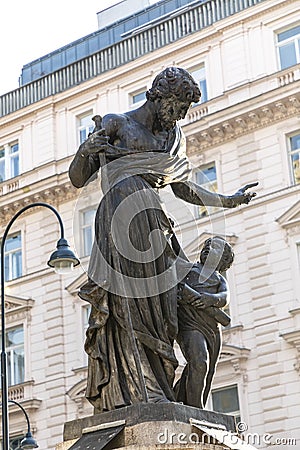 Josephs Fountain on Graben Street.Granite Fountain with a Bronze Statue of Saint Joseph, and a Boy Showing him a Scroll with his Stock Photo