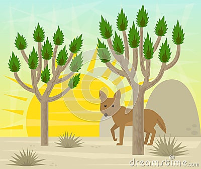 Joshua tree and coyote Vector Illustration