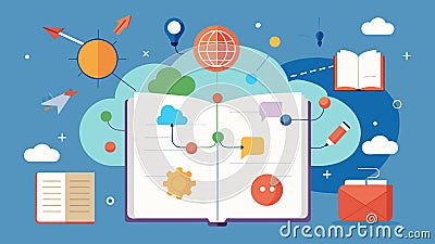 A journal contains a series of mind maps all connected by a central goal with images and snippets of ideas expanding Vector Illustration