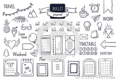 Journal hand drawn elements. Notebook doodle bullets, schedule calendar diary sketch line elements. Vector doodle bullet Vector Illustration