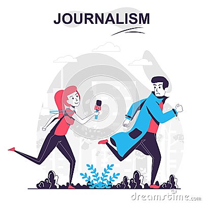 Journalism isolated cartoon concept. Journalist or paparazzi runs after man, mass media people scene in flat design. Vector Vector Illustration