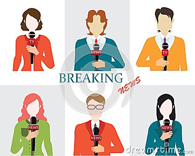 Journalism male and female reporters holding microphones. Vector Illustration