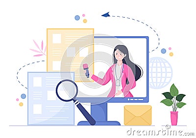 Journalism or Social Broadcasting Illustration with Equipment, News, Microphones, Reporter and Interview Speech Media Event Vector Illustration