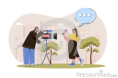 Journalism web character concept. Journalist tells news, operator recording her. Mass media, television news programs isolated Vector Illustration