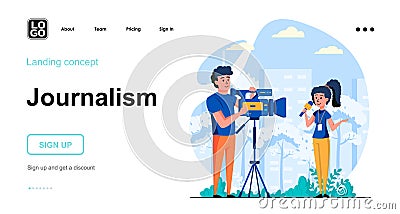 Journalism web concept. Woman reporting, man recording on camera. News program, mass media and press. Template of people scene. Vector Illustration