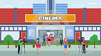 Journalist with camera near new cinema building, vector illustration. Reporter media worker shooting and interview Vector Illustration