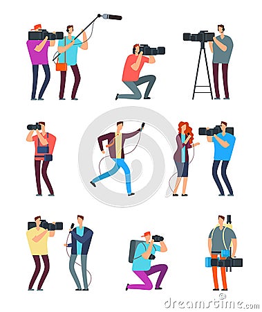 Journalist cameraman. People make tv broadcast. Videographers with camera and journalists with microphones. News crew Vector Illustration