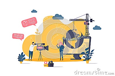 Journalist concept in flat style. Journalist and cameraman making breaking news reportage scene. TV broadcasting, live Vector Illustration