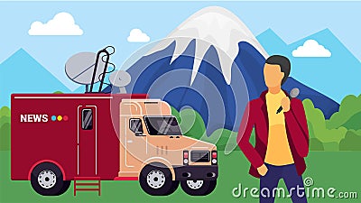 Journalist design, vector illustration. Professional reporter character with broadcast news van, cartoon broadcasting Vector Illustration