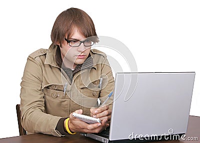 Journalist guy with laptop computer Stock Photo