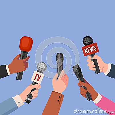 Journalist hands with microphones. Reporters with mics take interview for news broadcast, press conference or newscast Vector Illustration