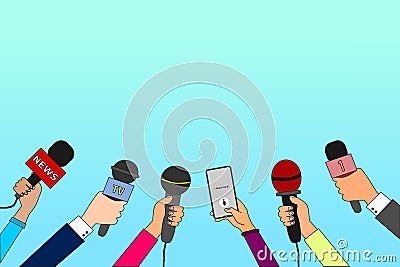 Journalist hands with microphones and smartphone. Reporters with mics take interview for news broadcast, press conference or Vector Illustration