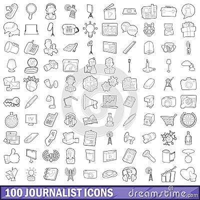 100 journalist icons set, outline style Vector Illustration