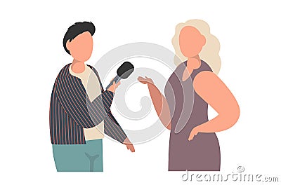 Journalist interviews woman. Reporter holding microphone and give questions. Anchorman on street, live reporting Vector Illustration