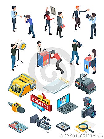 Journalist isometric. Broadcasting media studio newspaper correspondent equipment interviewer journalism garish vector Stock Photo