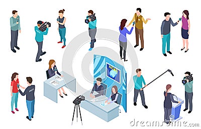 Journalist isometric. Camera man tv crew studio press news broadcast journalists mass media broadcasting radio interview Vector Illustration