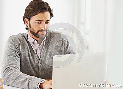 Journalist, laptop and typing in home office on desk with online, research and information for news. Freelance, remote Stock Photo
