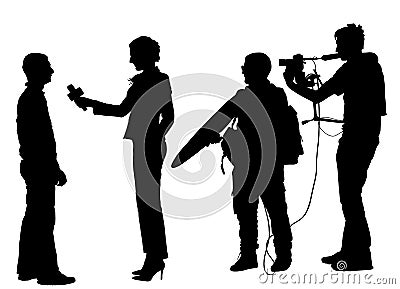 Journalist News Reporter Interview with camera crew silhouette. Cartoon Illustration