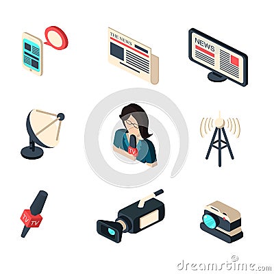 Journalist newspaper and tv journalism profession icons collection Vector Illustration