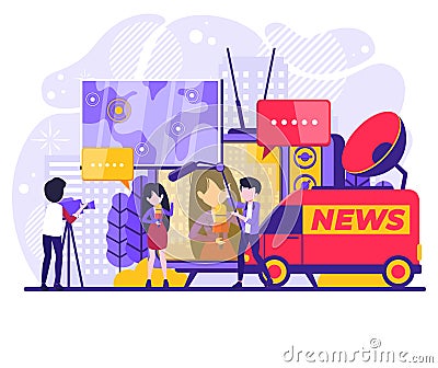 Journalist and operator interview television program or news filming vector. TV host or reporter and cameraman goes to Vector Illustration