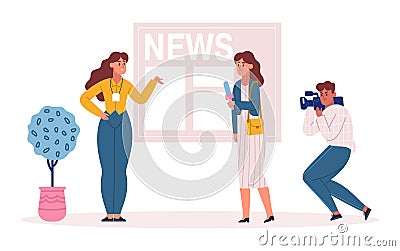 Journalist and operator recording news, interviewing celebrity person vector illustration. Reporter with microphone Vector Illustration