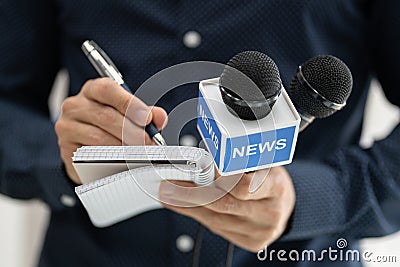 Journalist Report Interview. New Broadcasting Reporter Stock Photo