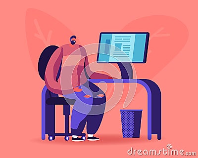 Journalist Writing Story or Editor Editing Newspaper Sitting at Desk with Personal Computer in Checking Publication Vector Illustration