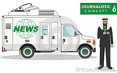 Journalistic concept. Detailed illustration of arabian muslim man reporter and TV or news car in flat style on white Vector Illustration