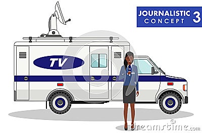 Journalistic concept. Detailed illustration of woman reporter and TV or news car in flat style on white background Vector Illustration