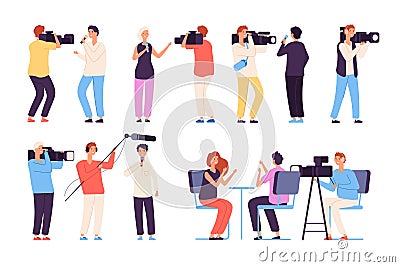 Journalists. Broadcaster news journalists broadcasting camera crew cameraman tv studio interview isolated vector cartoon Vector Illustration